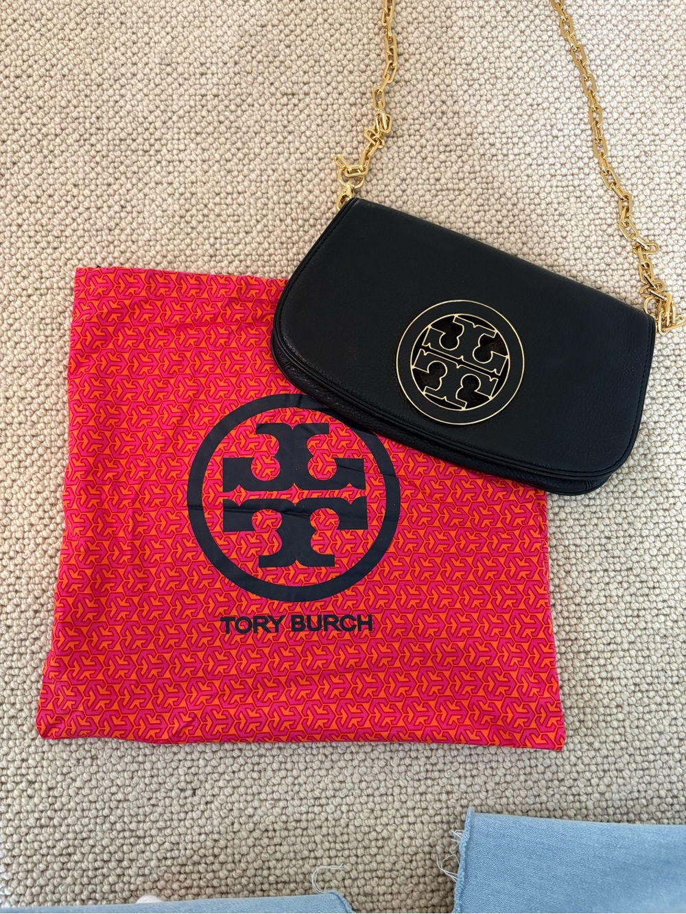 Tory Burch Black Leather Crossbody with Gold Logo Chain